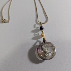 Pray for Peace Vintage Necklace Reverse Carving Glass Pendant 16" Long